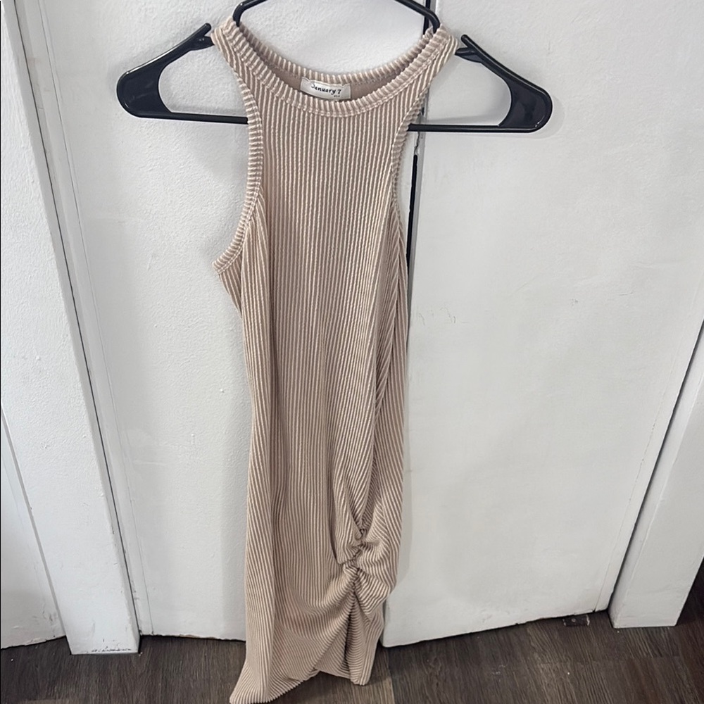 Elegant Beige Ribbed Knit Dress